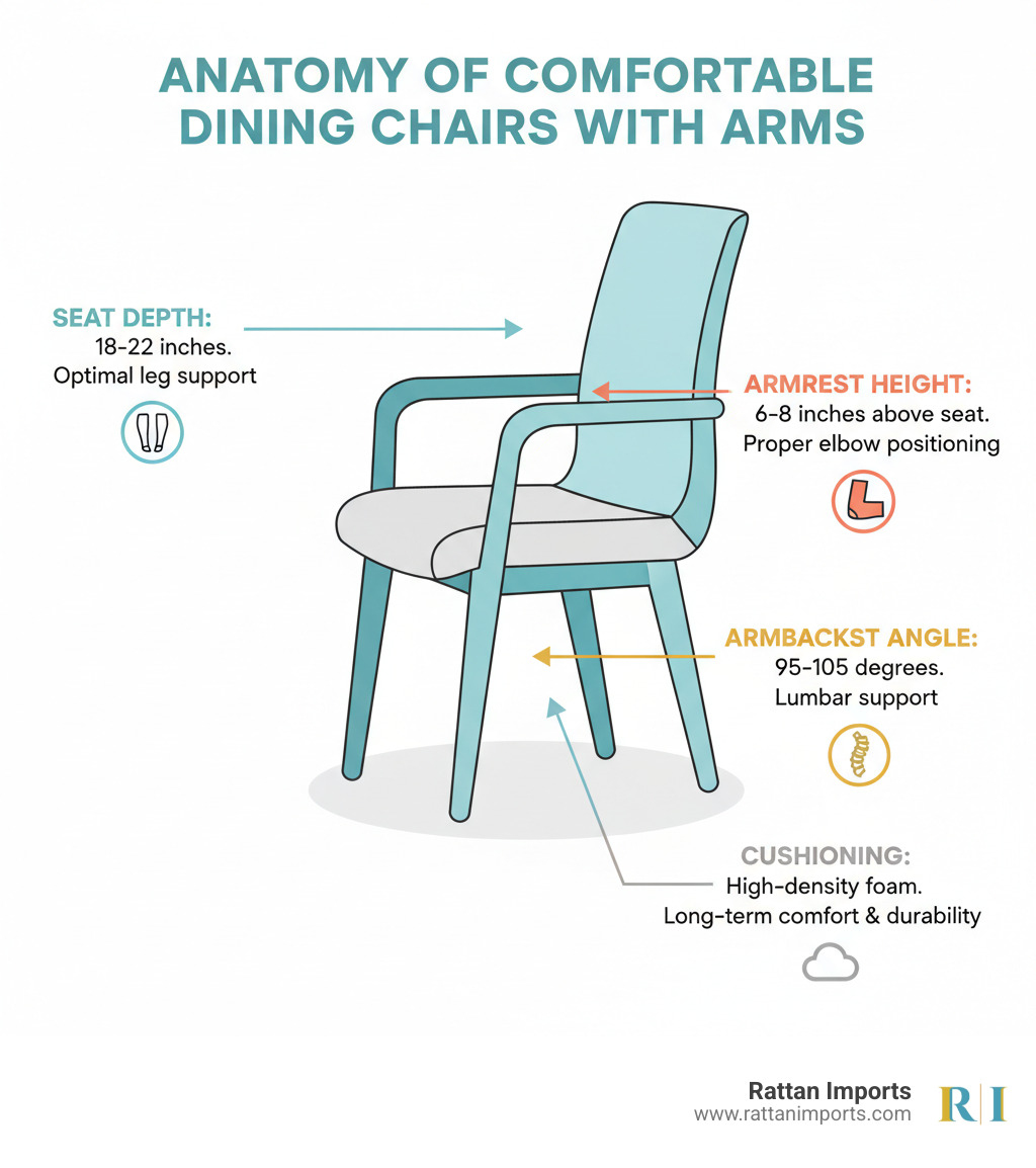 Infographic showing the anatomy of comfortable dining room chairs with arms: seat depth of 18-22 inches for optimal leg support, armrest height 6-8 inches above seat level for proper elbow positioning, backrest angle of 95-105 degrees for lumbar support, and high-density foam cushioning for long-term comfort and durability - comfortable dining room chairs with arms infographic 