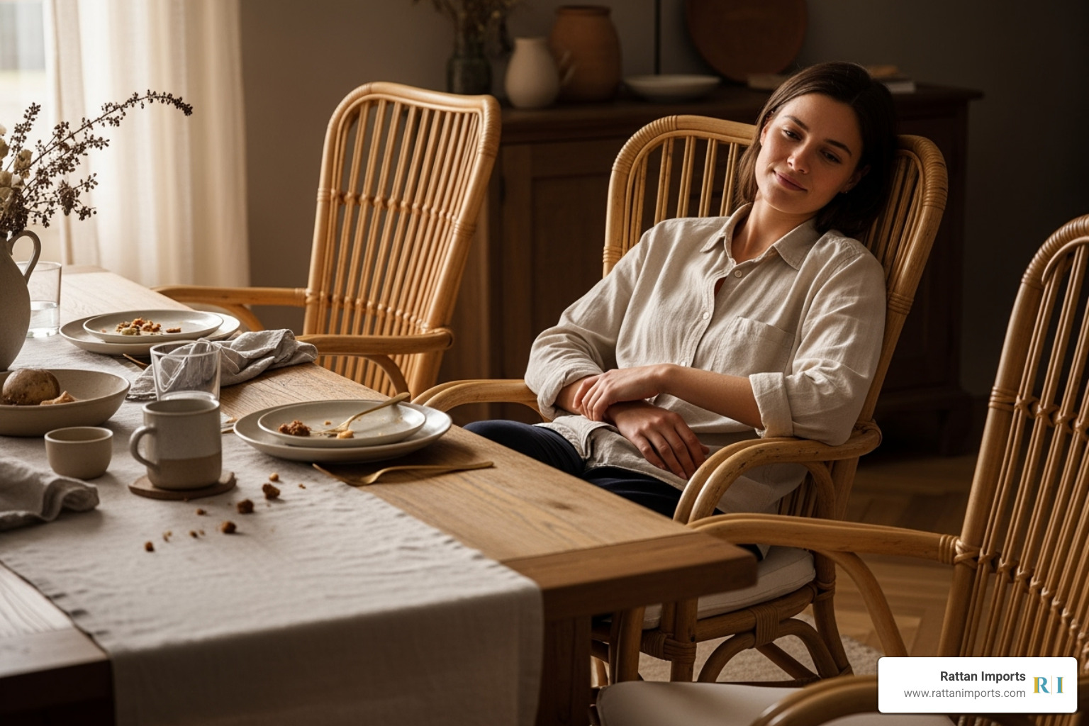 person relaxing comfortably in a rattan or wicker dining armchair at the head of a table - comfortable dining room chairs with arms