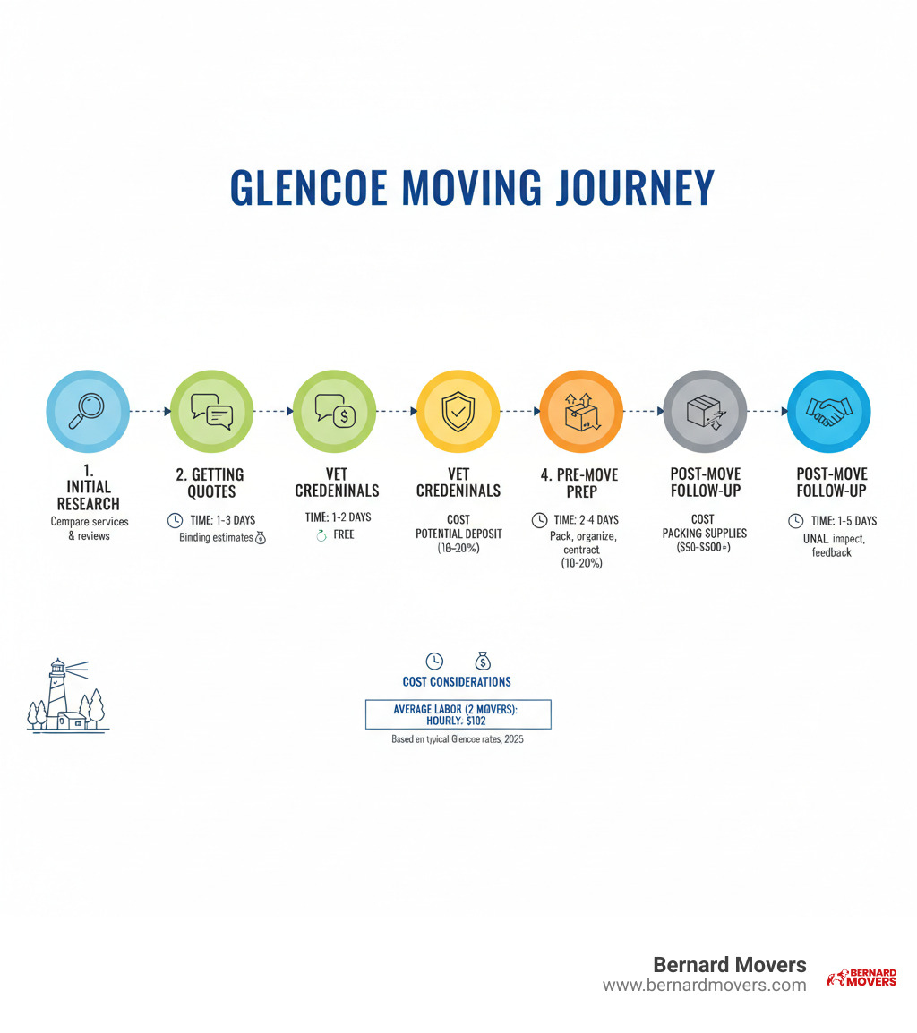 Infographic showing the complete process of choosing and working with a Glencoe moving company, including initial research, getting quotes, vetting credentials, preparing for moving day, and post-move follow-up steps with timeline and cost considerations - Glencoe moving company infographic 