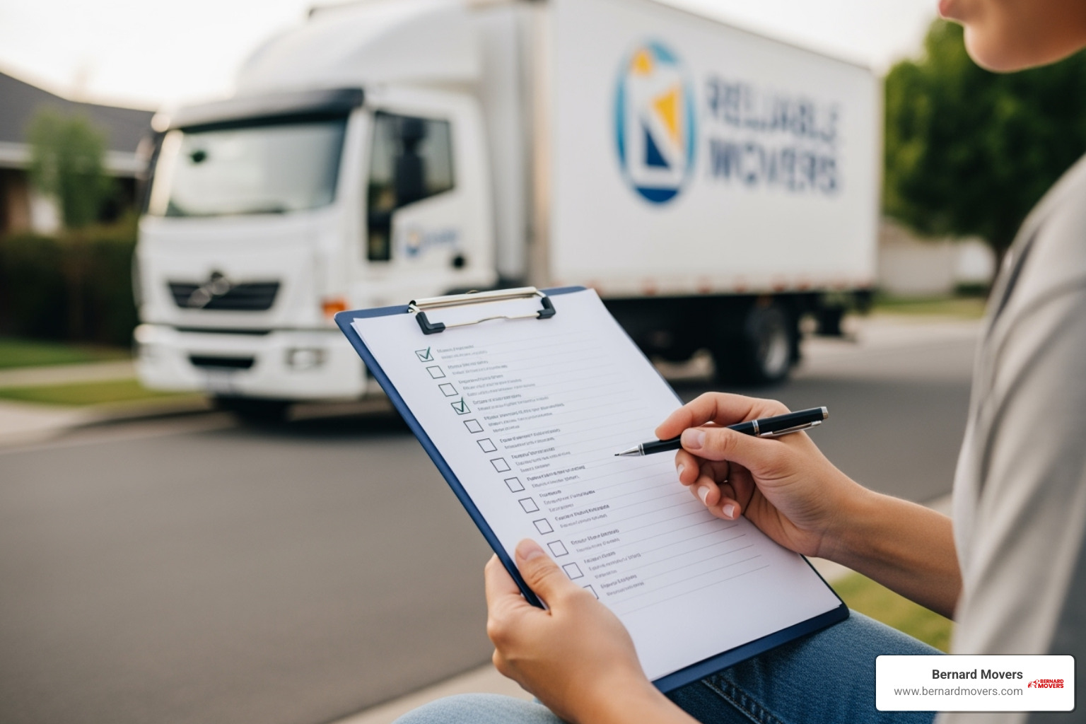 A person looking at a checklist on a clipboard with a Bernard Movers truck in the background, symbolizing the careful vetting process for a moving company. - Glencoe moving company