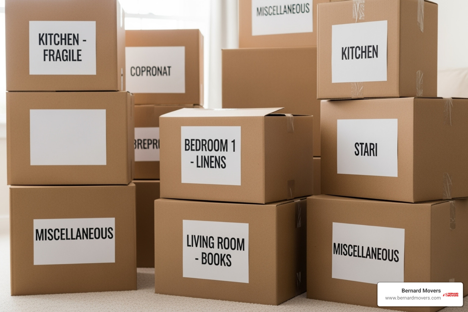 Neatly packed and labeled moving boxes ready for transport, showcasing organized preparation for moving day. - Glencoe moving company
