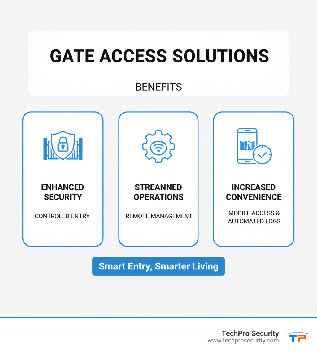 Infographic showing gate access solution benefits: improved security through controlled entry, streamlined operations via remote management, and increased convenience with mobile access and automated logs - Gate access solutions infographic 