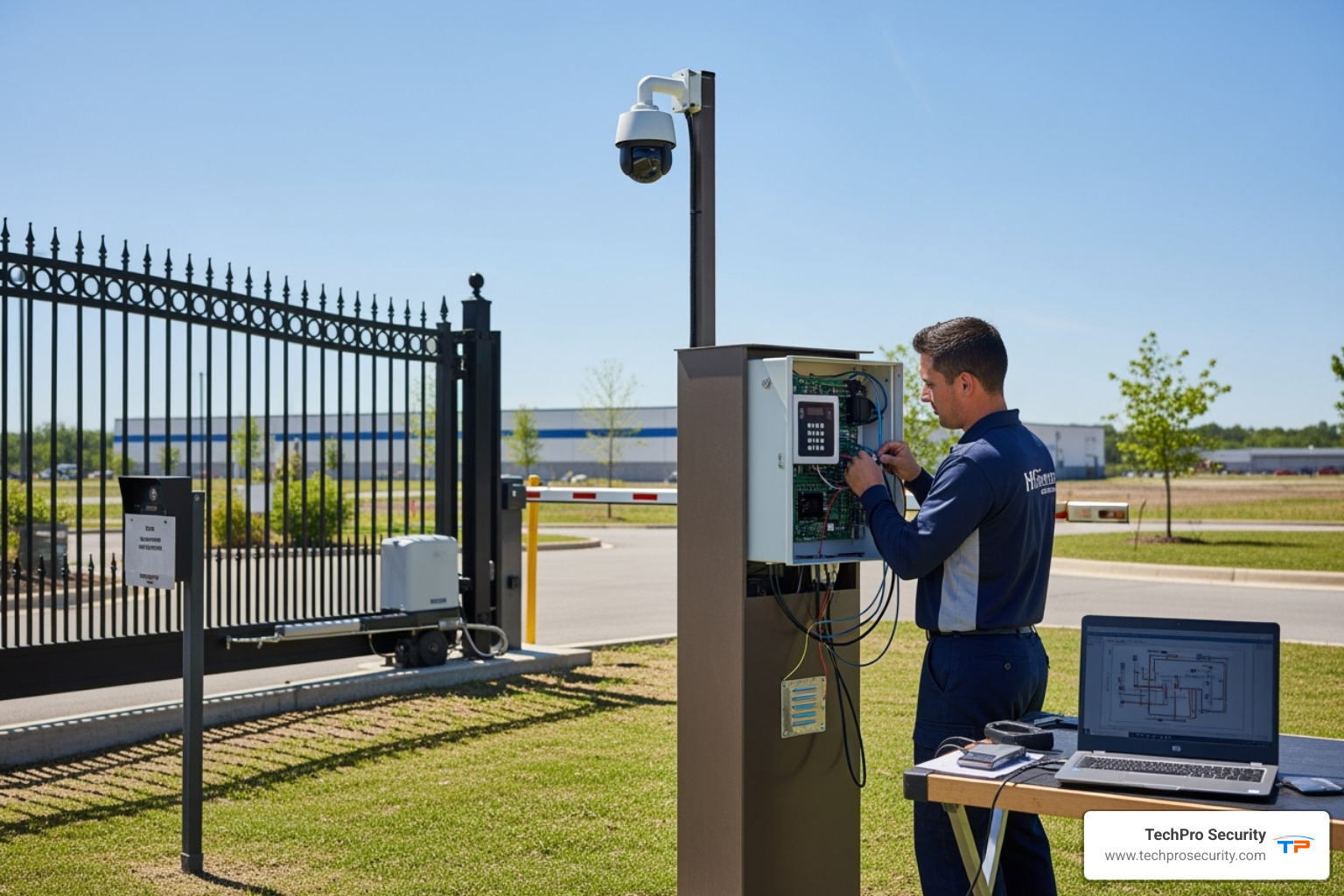 A security technician installing a gate access control panel, with a gate and camera in the background - Gate access solutions