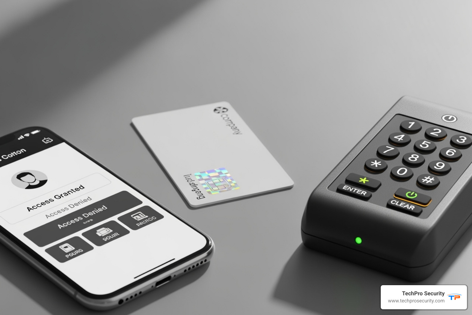 Various access credentials like a smartphone app, a key card, and a keypad - Gate access solutions