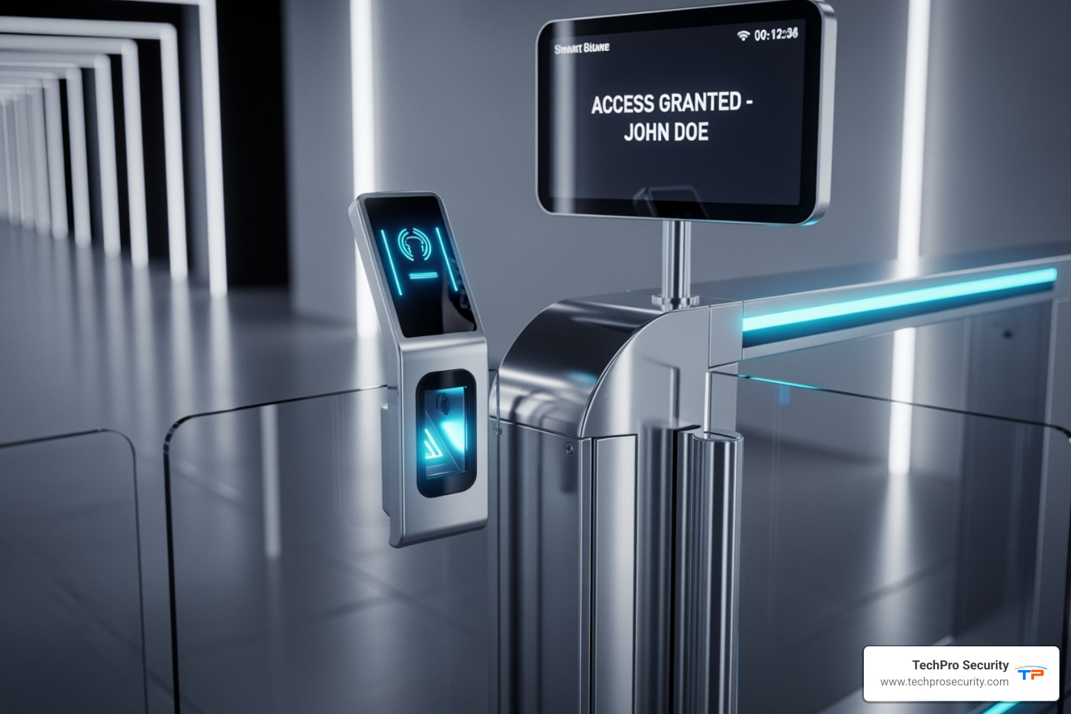 A futuristic gate access point with biometric scanner and smart screen - Gate access solutions