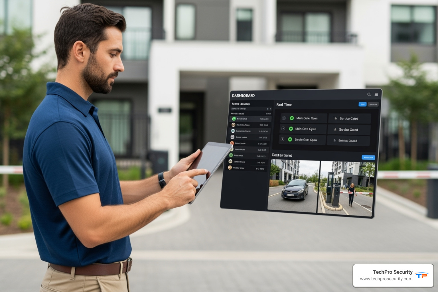 A property manager using a tablet to manage gate access, showing a dashboard with user logs, gate status, and camera feeds - Gate access solutions