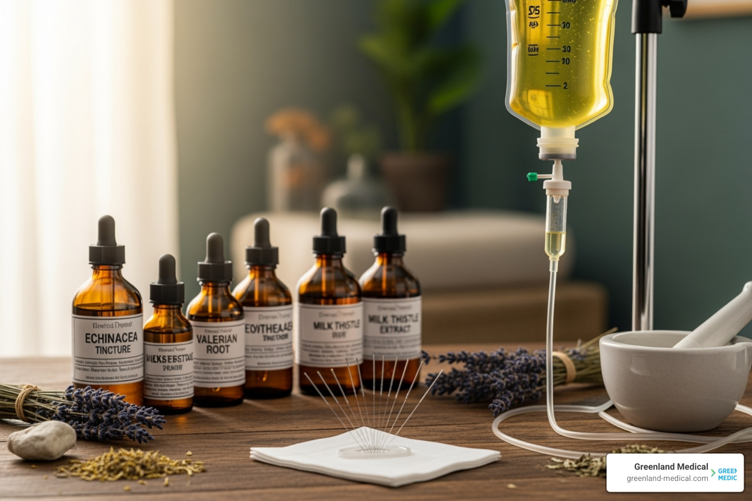 A collection of natural therapies including acupuncture needles, various herbal tinctures in amber bottles, and an IV drip setup with a bag of nutrients - naturopathic doctor richmond A collection of natural therapies including acupuncture needles, various herbal tinctures in amber bottles, and an IV drip setup with a bag of nutrients - naturopathic doctor richmond