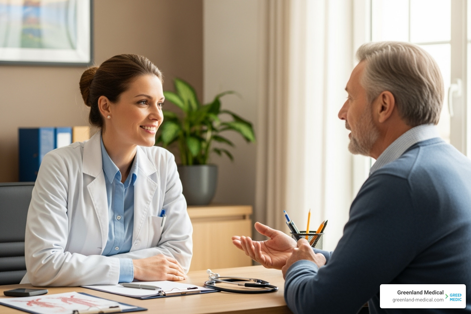 A compassionate doctor with a warm smile listening attentively to a patient who is speaking openly, suggesting a trusting and empathetic patient-doctor relationship - naturopathic doctor richmond A compassionate doctor with a warm smile listening attentively to a patient who is speaking openly, suggesting a trusting and empathetic patient-doctor relationship - naturopathic doctor richmond
