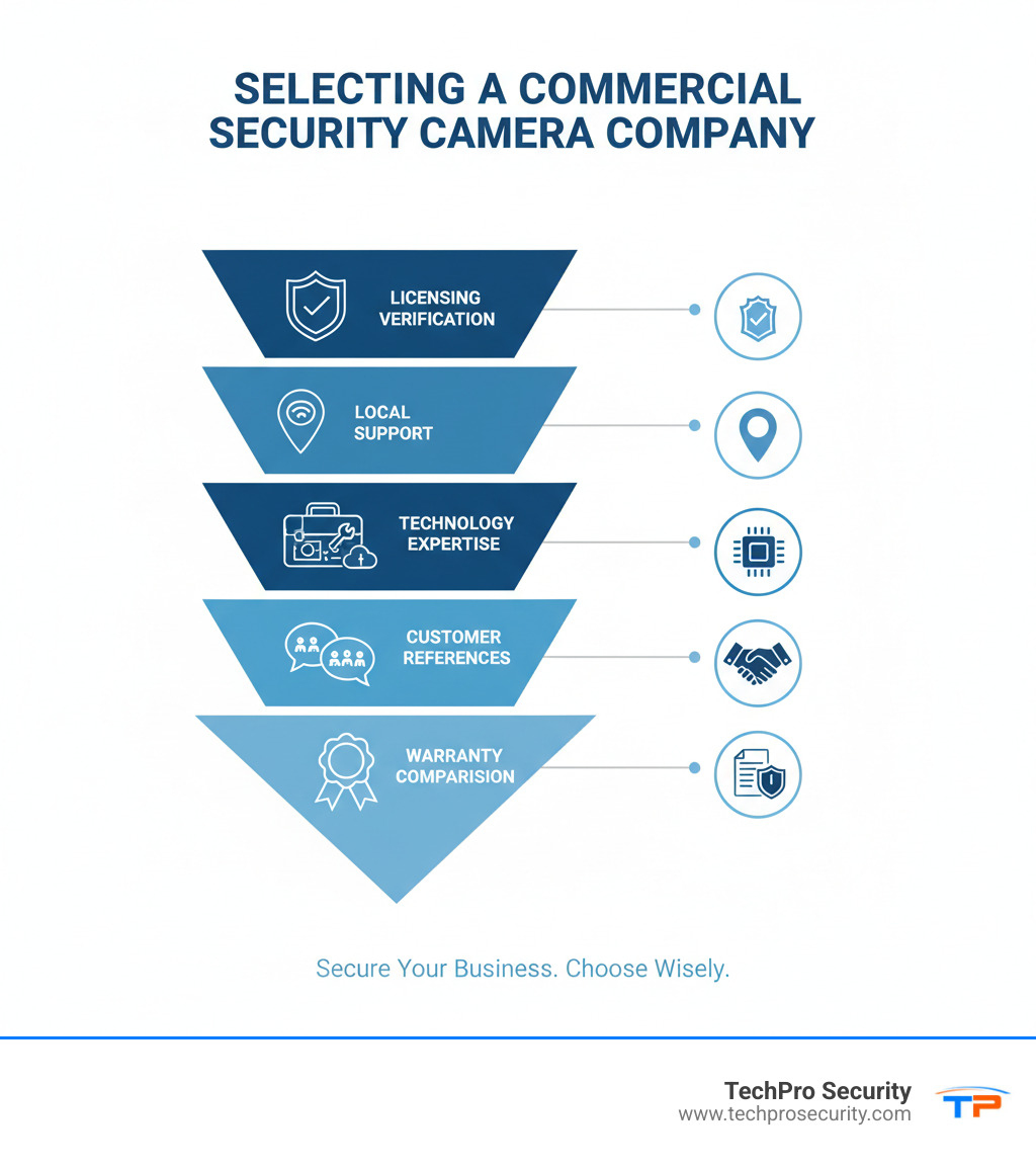 Infographic showing the selection process for commercial security camera companies, including key evaluation criteria such as licensing verification, local support availability, technology expertise assessment, service portfolio review, customer reference checks, and warranty comparison - commercial security camera companies near me infographic 