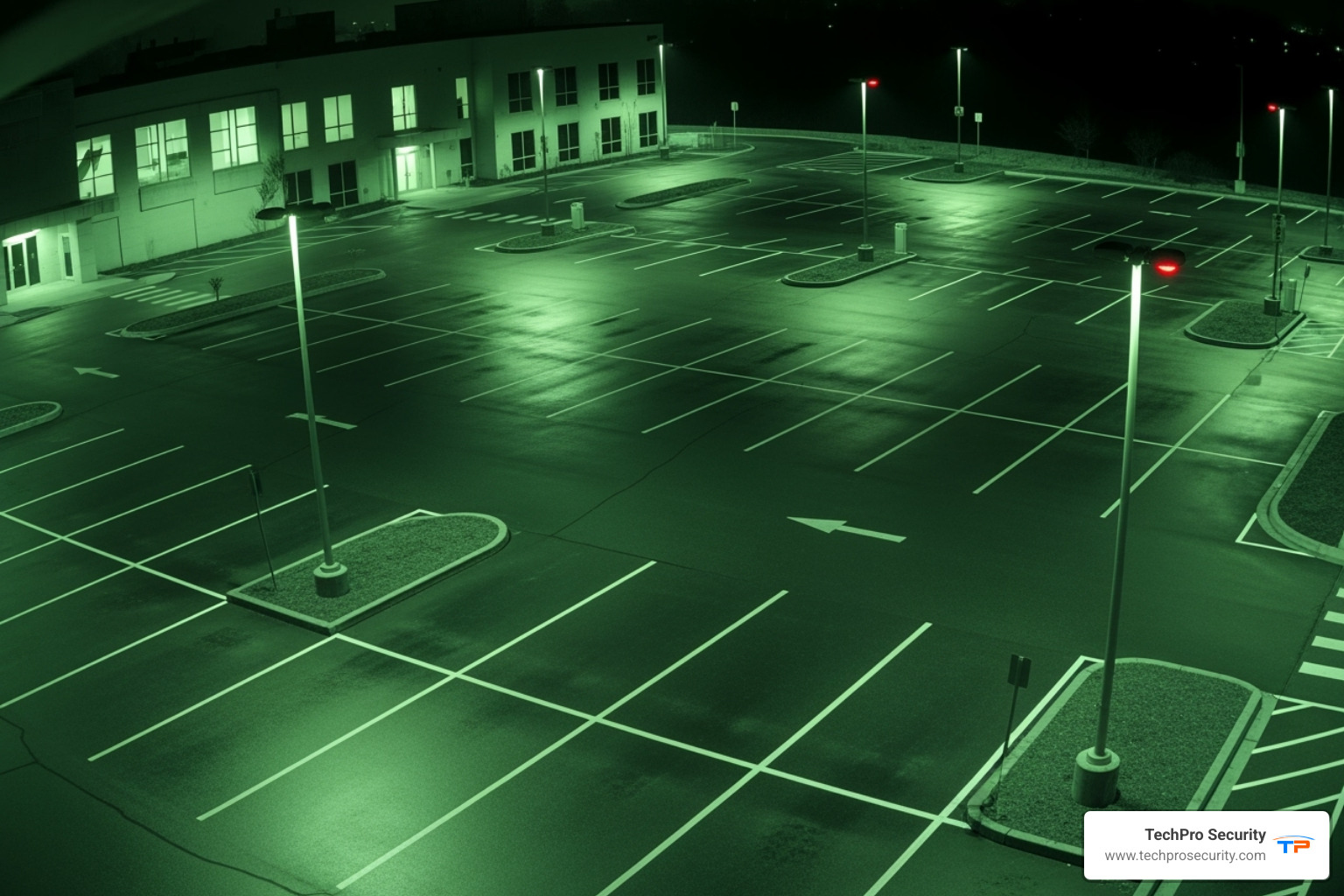 Clear, high-resolution night vision camera feed of a parking lot - commercial security camera companies near me