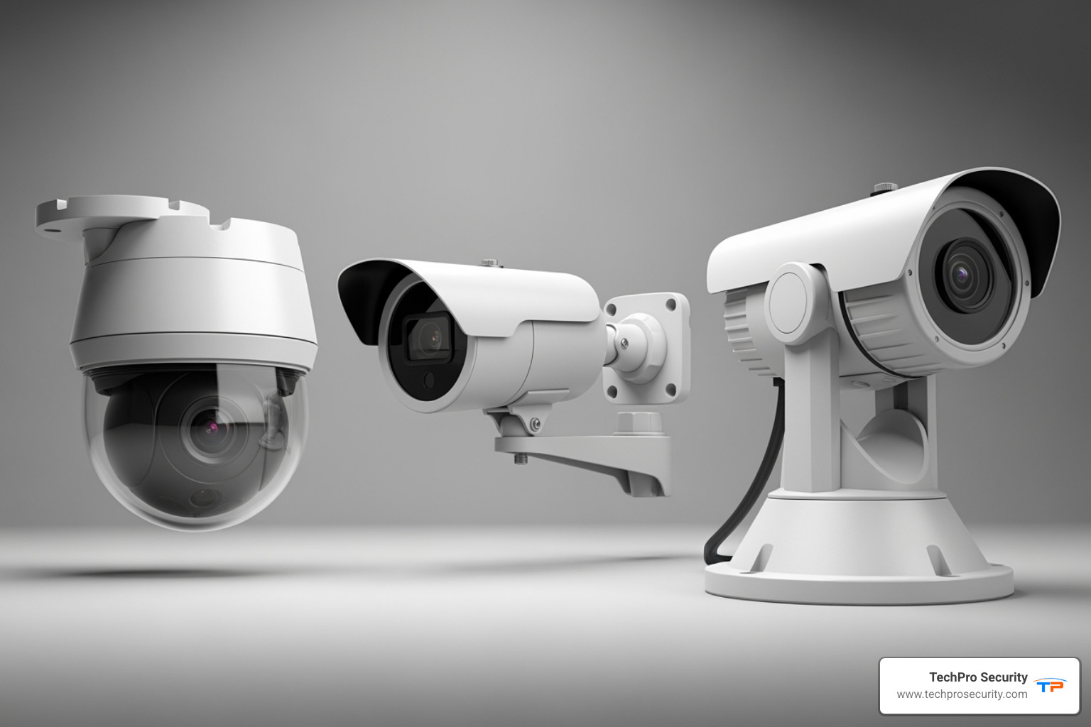 Different types of security cameras including a dome, bullet, and PTZ camera - commercial security camera companies near me