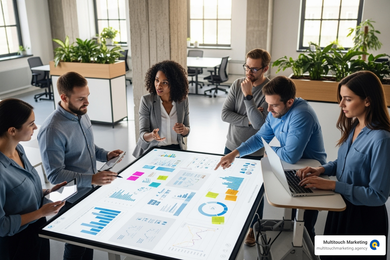 image of a team collaborating around a digital whiteboard - Data-driven marketing