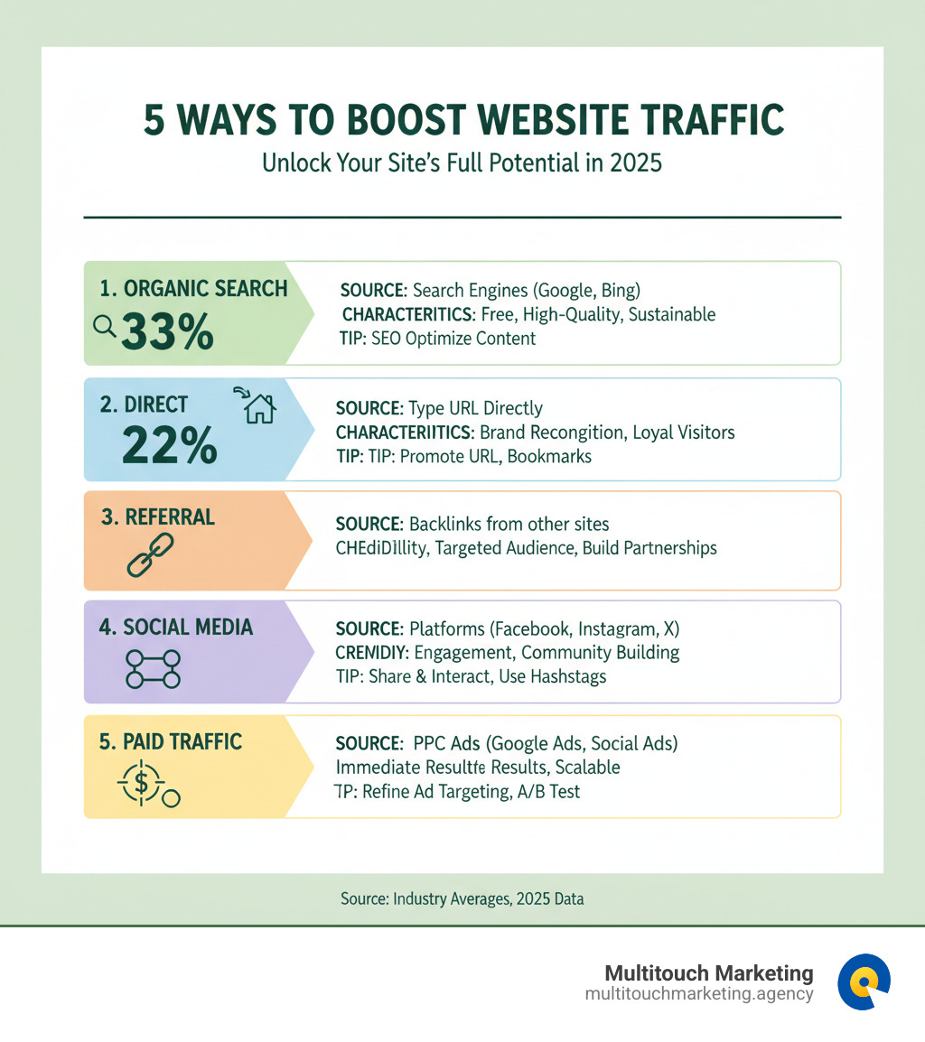 Comprehensive infographic showing the 5 main types of website traffic with their sources, percentages, and key characteristics including organic search traffic at 33%, direct traffic at 22%, referral traffic from backlinks, social media traffic from platforms like Facebook and Instagram, and paid traffic from PPC ads, along with actionable tips for improving each traffic type - Increase website traffic infographic 