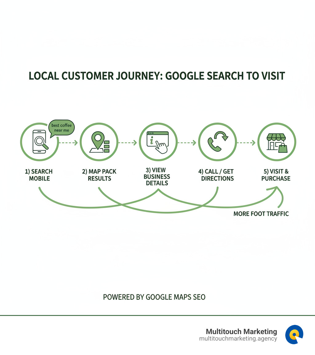 Infographic showing the customer journey from Google search to local business visit, including steps: 1) User searches for local service on mobile, 2) Google displays Map Pack with top 3 results, 3) User clicks on business listing to view details, 4) User calls business or gets directions, 5) User visits physical location and makes purchase - Google Maps SEO infographic 