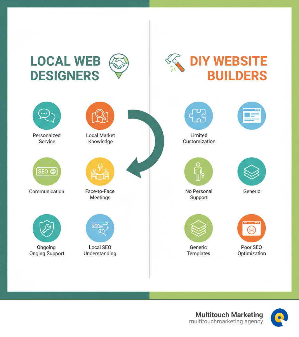 Infographic showing the key benefits of hiring local web designers including personalized service, local market knowledge, face-to-face meetings, faster communication, understanding of local SEO, and ongoing support compared to DIY website builders which offer limited customization, no personal support, generic templates, and poor SEO optimization - web designers near me infographic 