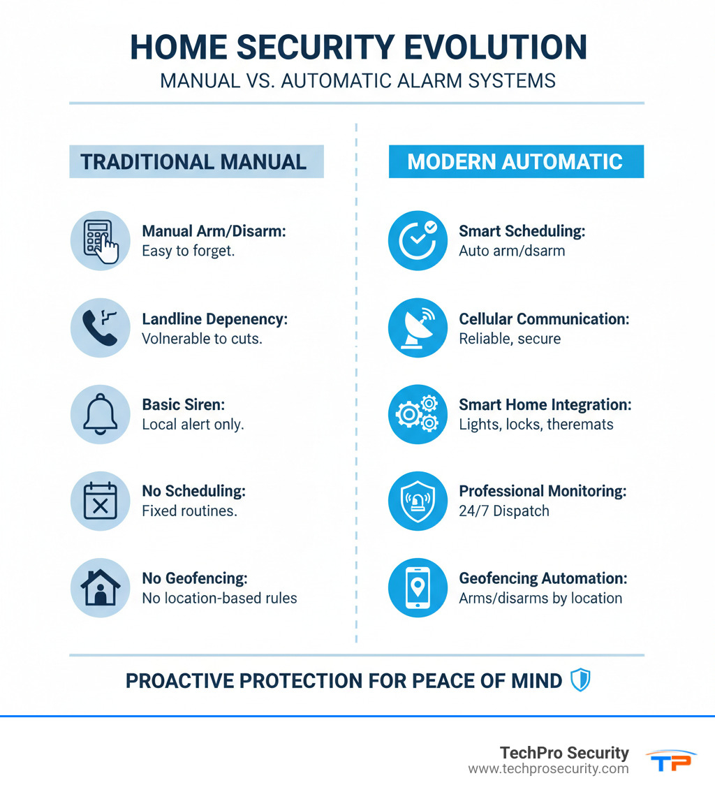 Comprehensive infographic showing the differences between traditional manual alarm systems and modern automatic alarm systems, including features like cellular communication, smart scheduling, geofencing automation, professional monitoring response, and integration with smart home devices - automatic alarm system infographic 