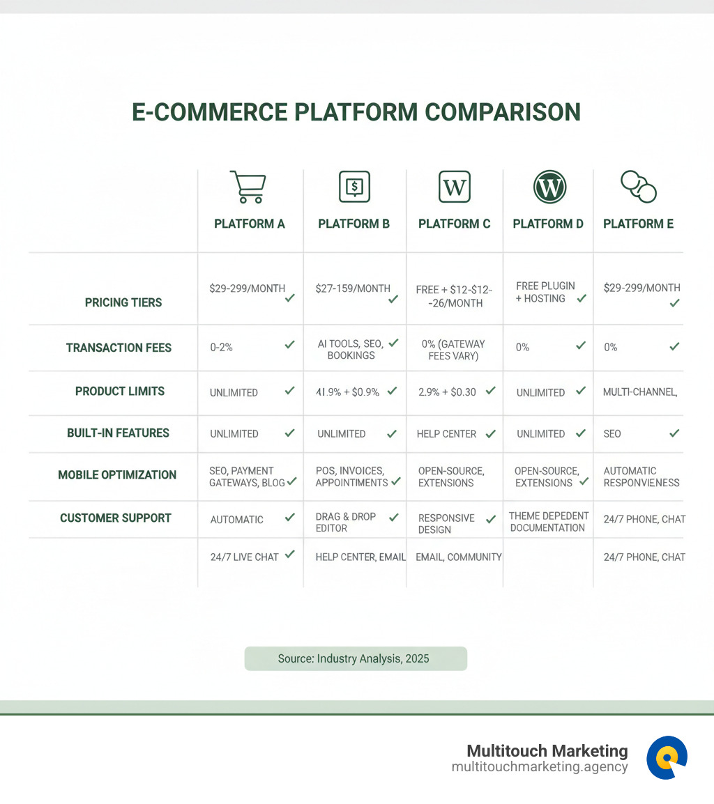 Comprehensive comparison chart showing key features of major e-commerce platforms including pricing tiers, transaction fees, product limits, built-in features like SEO tools and payment gateways, mobile optimization capabilities, and customer support options - companies that offer tools to build and manage ecommerce websites infographic 