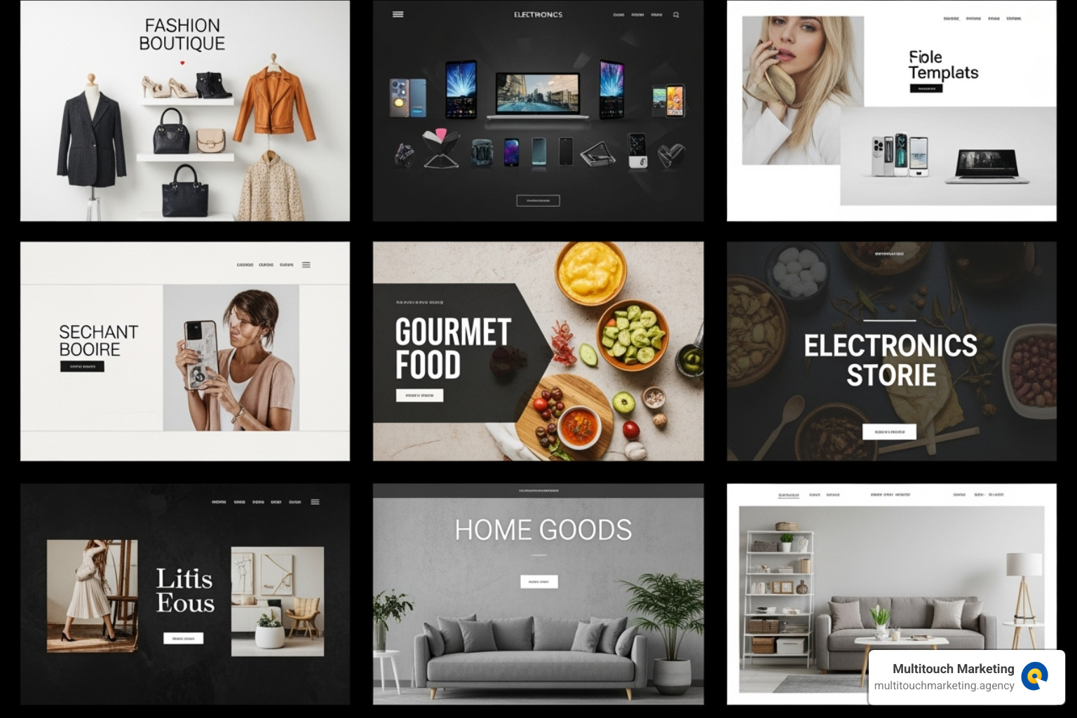 A collage of diverse, professional e-commerce website templates showcasing various industries and design styles - companies that offer tools to build and manage ecommerce websites