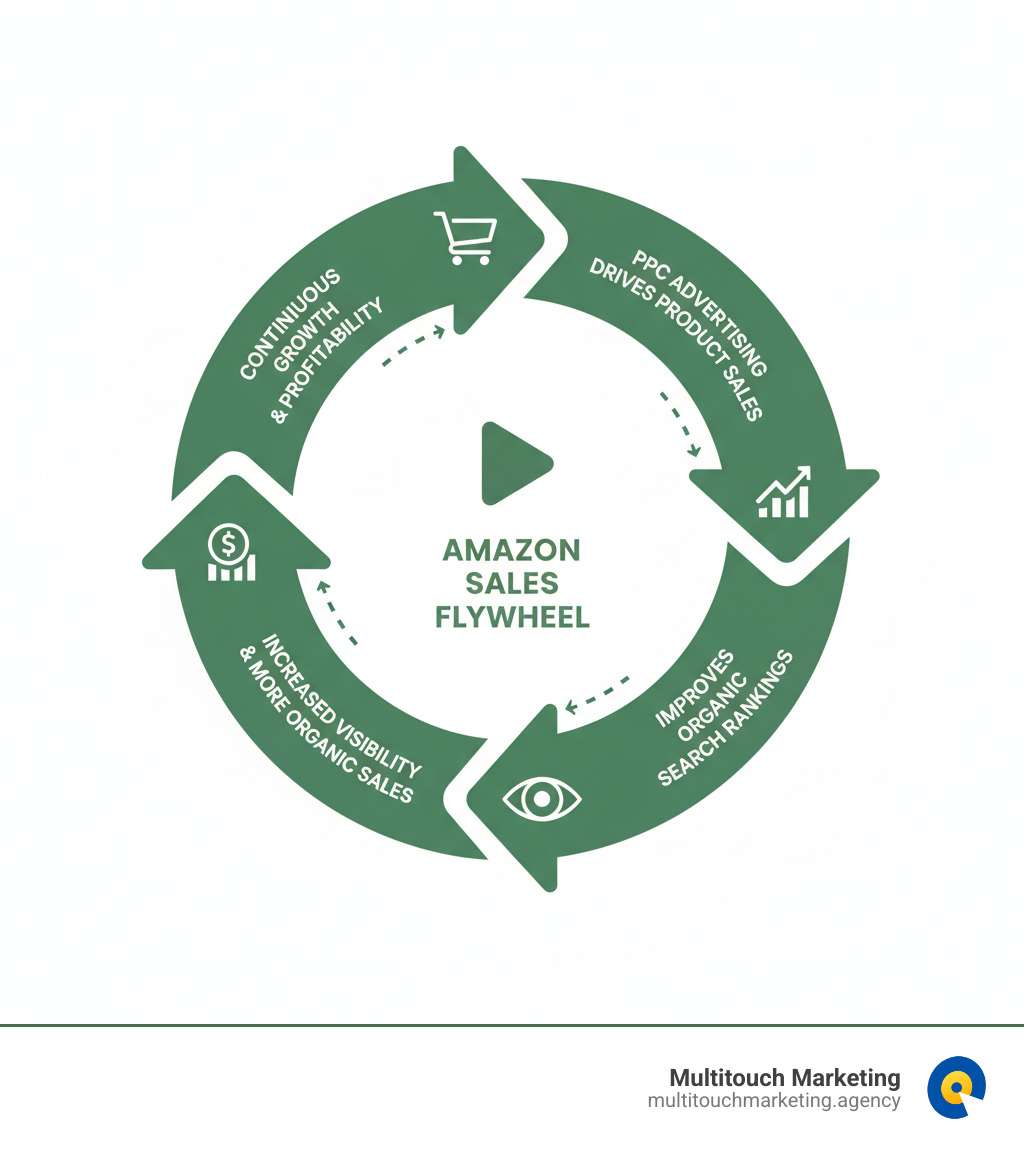 Infographic showing the Amazon sales flywheel where PPC advertising drives product sales, which improves organic search rankings, leading to increased visibility and more organic sales, creating a continuous cycle of growth and profitability - amazon ppc management agency in durham infographic 
