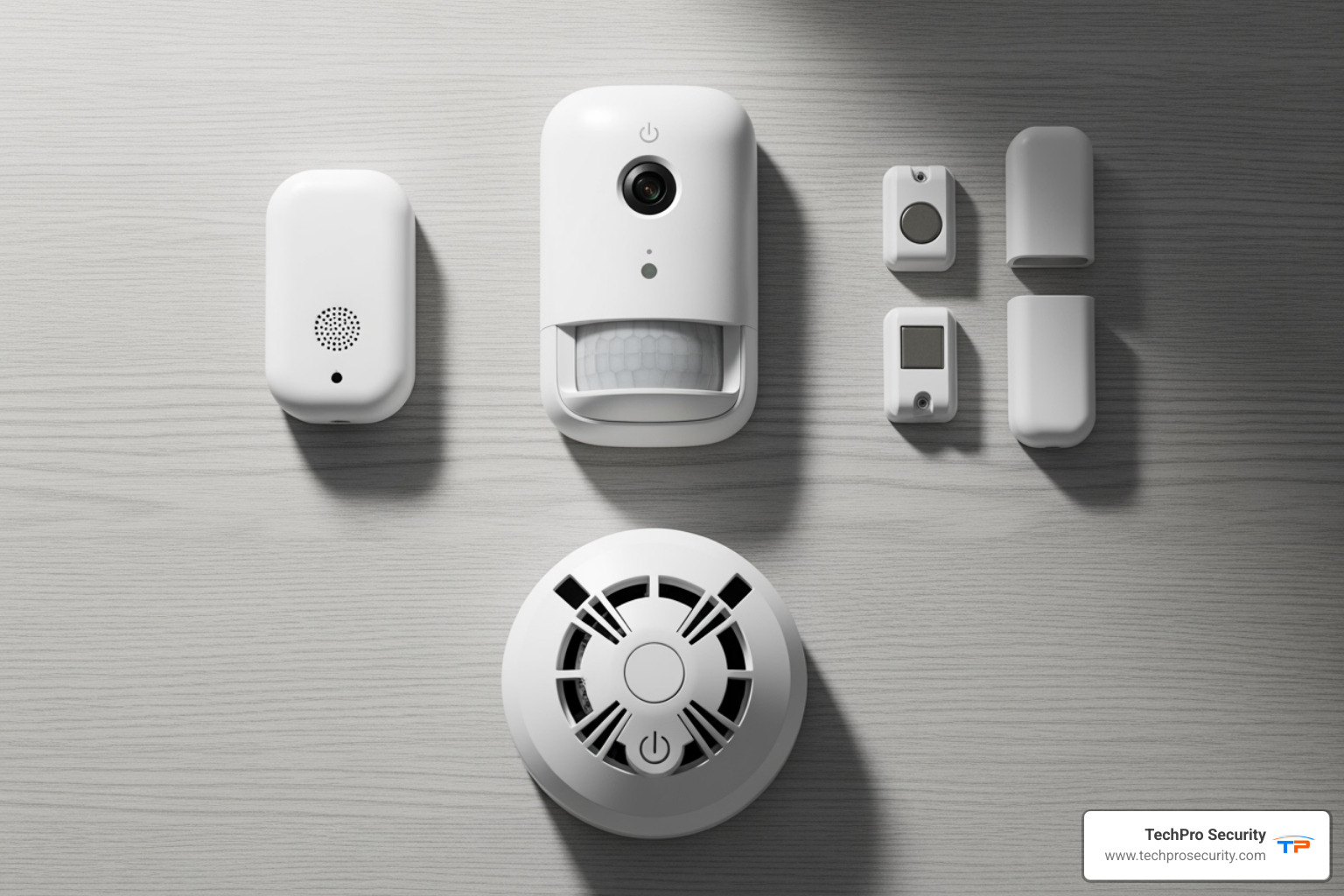 security sensors (motion, door/window, glass break, smoke) on a table - automatic alarm system