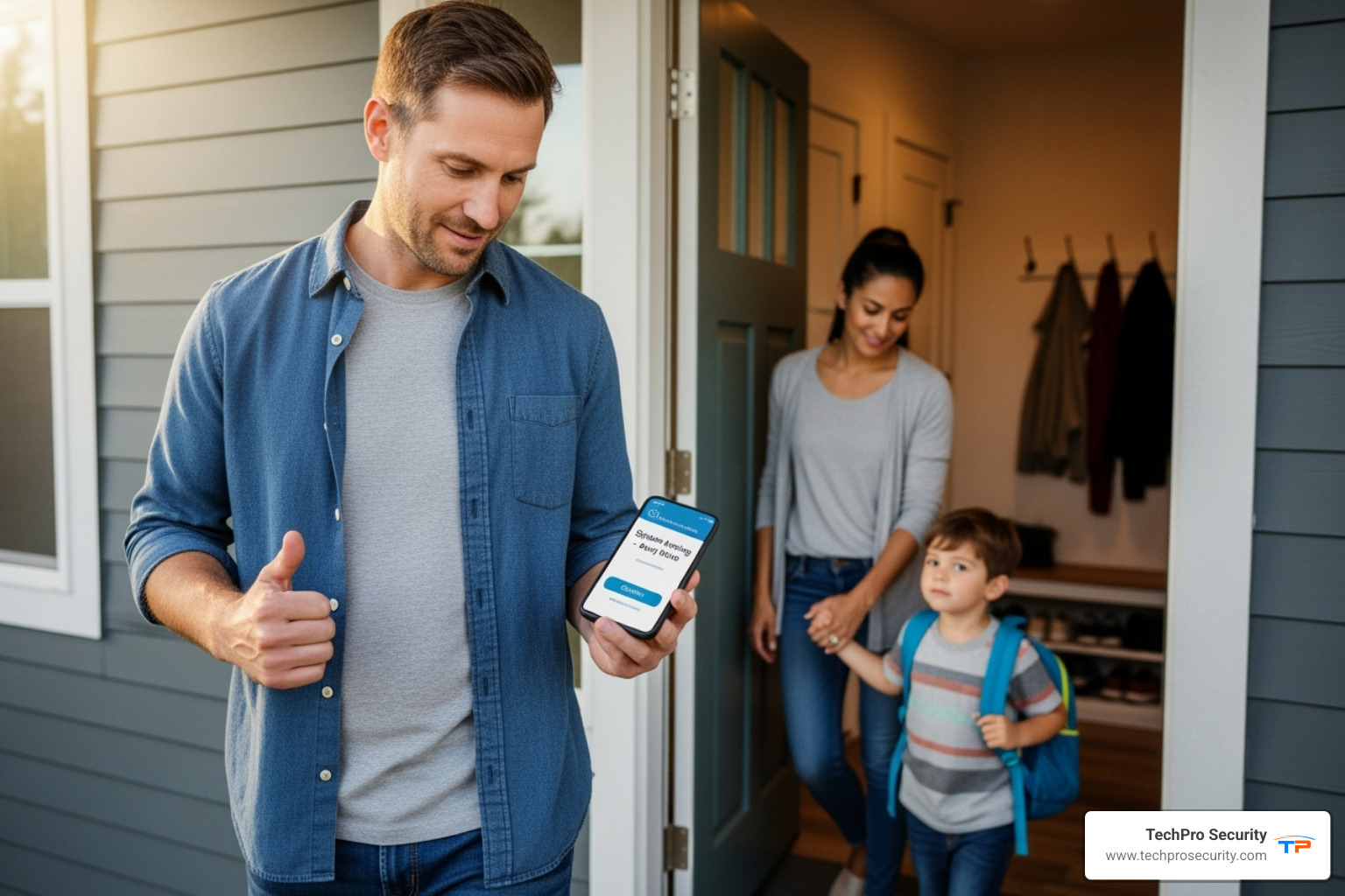 family leaving home, smartphone notification to arm system - automatic alarm system