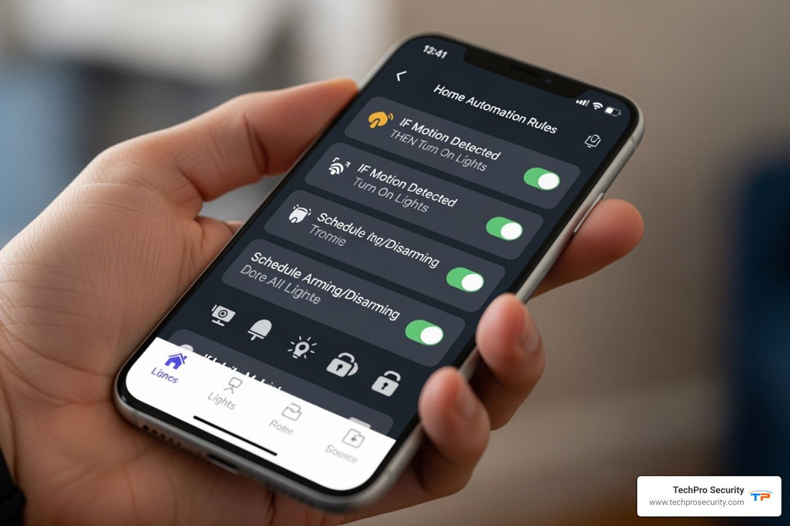 smartphone app creating custom automation rules - automatic alarm system