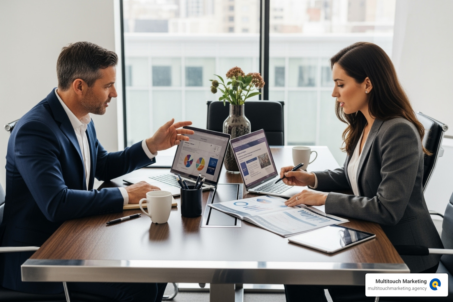 A professional consultation meeting between a business owner and an agency expert, discussing strategy with documents and a laptop - amazon ppc management agency in durham