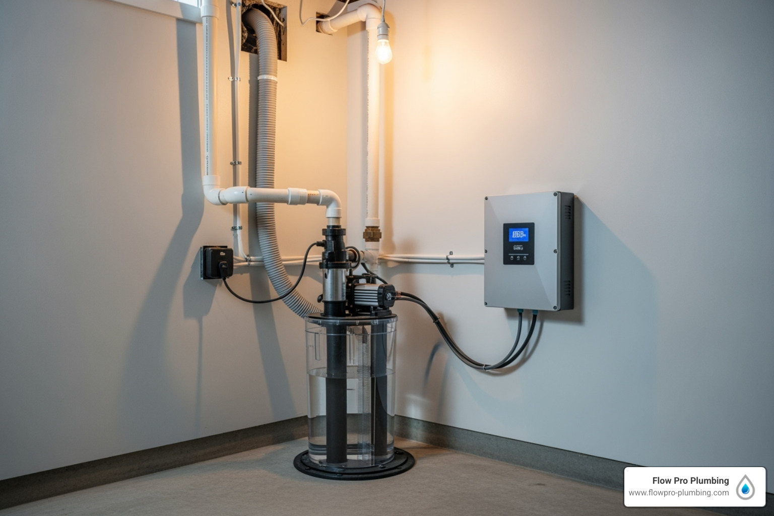 sump pump system with a battery backup installed in a basement corner - basement flood prevention sump pump system with a battery backup installed in a basement corner - basement flood prevention