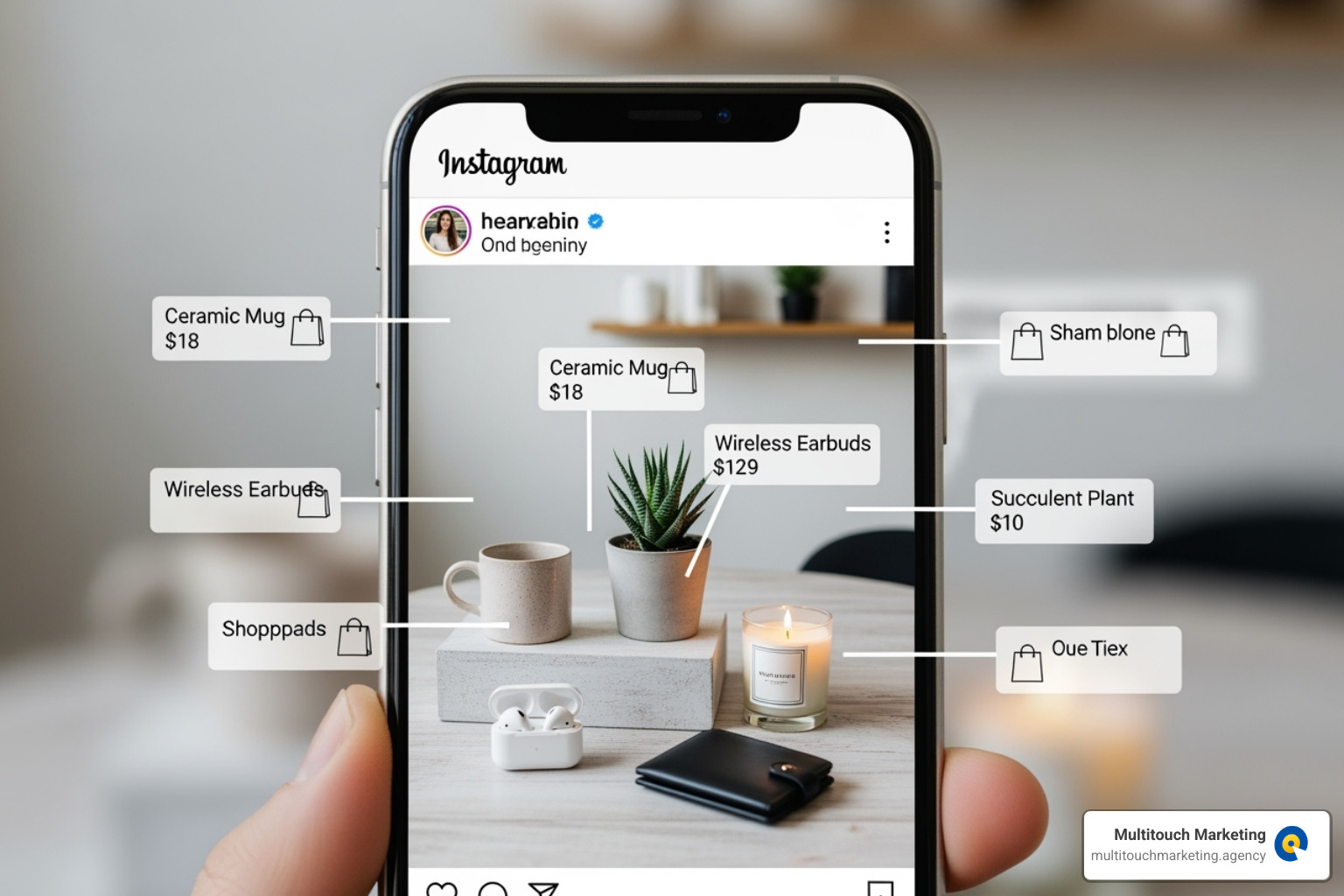 smartphone screen showing a shoppable Instagram post with product tags - Retail social media strategy