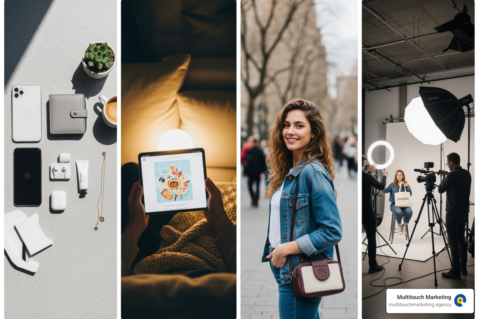 collage showing different types of retail social media content: a product flat-lay, a user-generated photo, an influencer post, and a behind-the-scenes video - Retail social media strategy