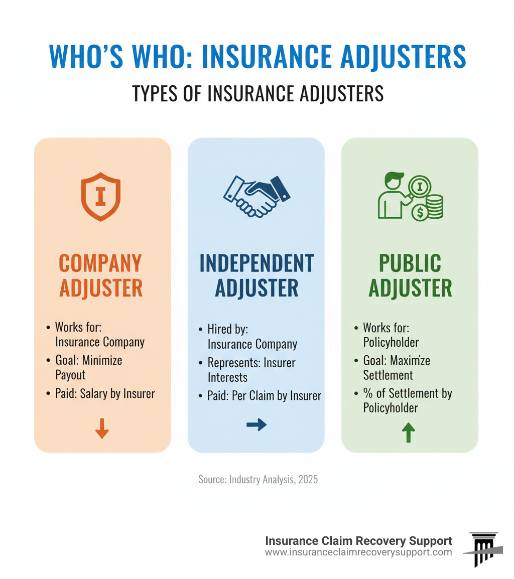 Infographic showing three types of insurance adjusters: Company Adjuster (works for insurance company, goal is to minimize payout, paid salary by insurer), Independent Adjuster (hired by insurance company, represents insurer interests, paid per claim by insurer), and Public Adjuster (works for policyholder, goal is to maximize settlement, paid percentage of settlement by policyholder) - insurance claim public adjuster infographic 