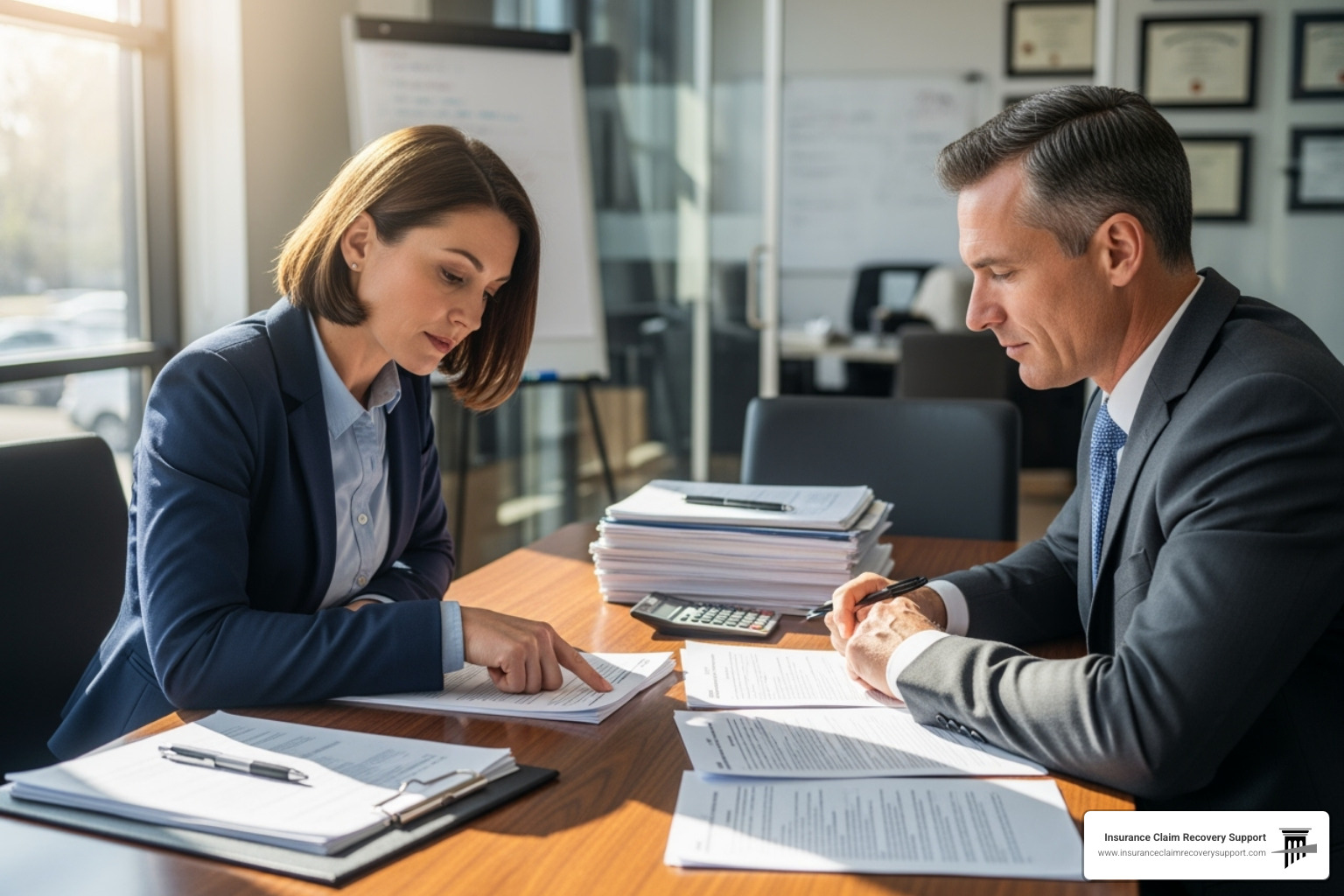 a policyholder and public adjuster reviewing documents - insurance claim public adjuster