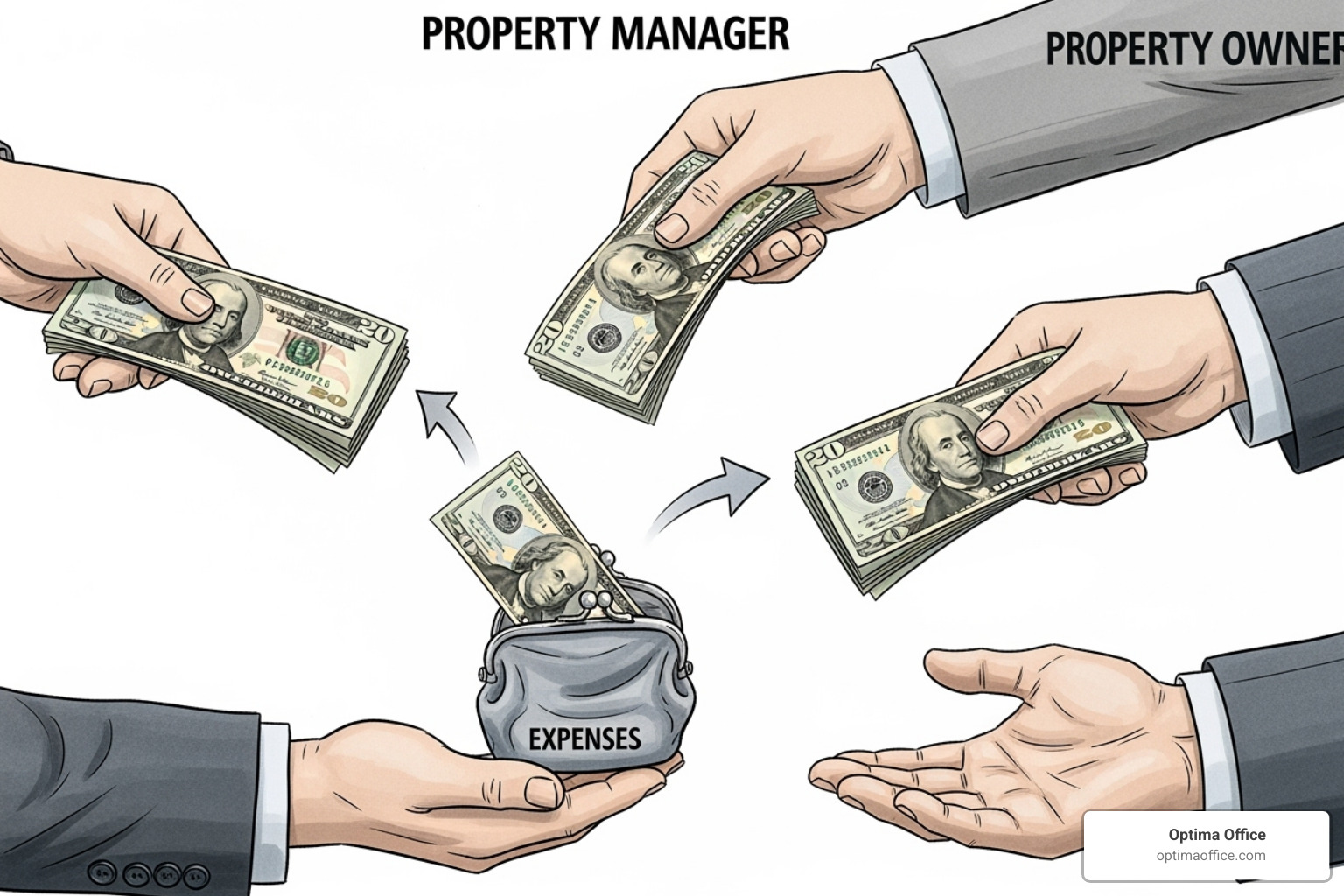 Flowchart illustrating the flow of money from tenant to owner, including rent payment, property manager receiving funds, property manager paying expenses, property manager distributing funds to owner - real estate property management accounting