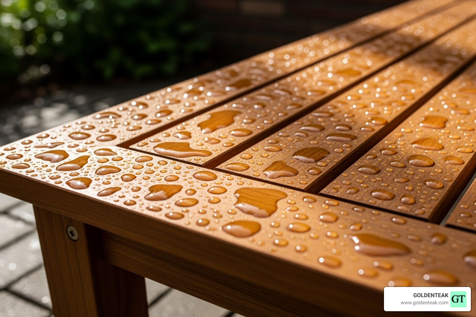 Teak bench with water beading on its surface