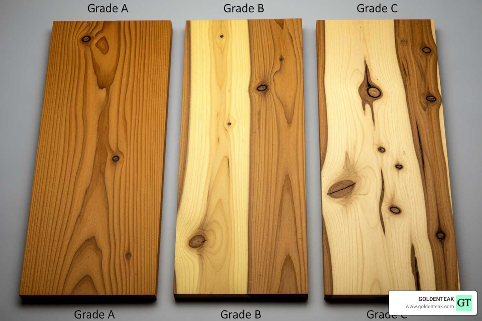 Visual differences between Grade A, B, and C teak wood