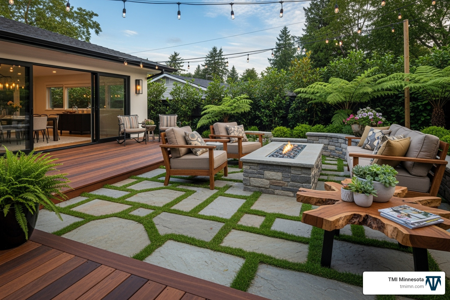 Hardscaped patio using mixed natural materials and permeable pavers - Outdoor living trends Hardscaped patio using mixed natural materials and permeable pavers - Outdoor living trends