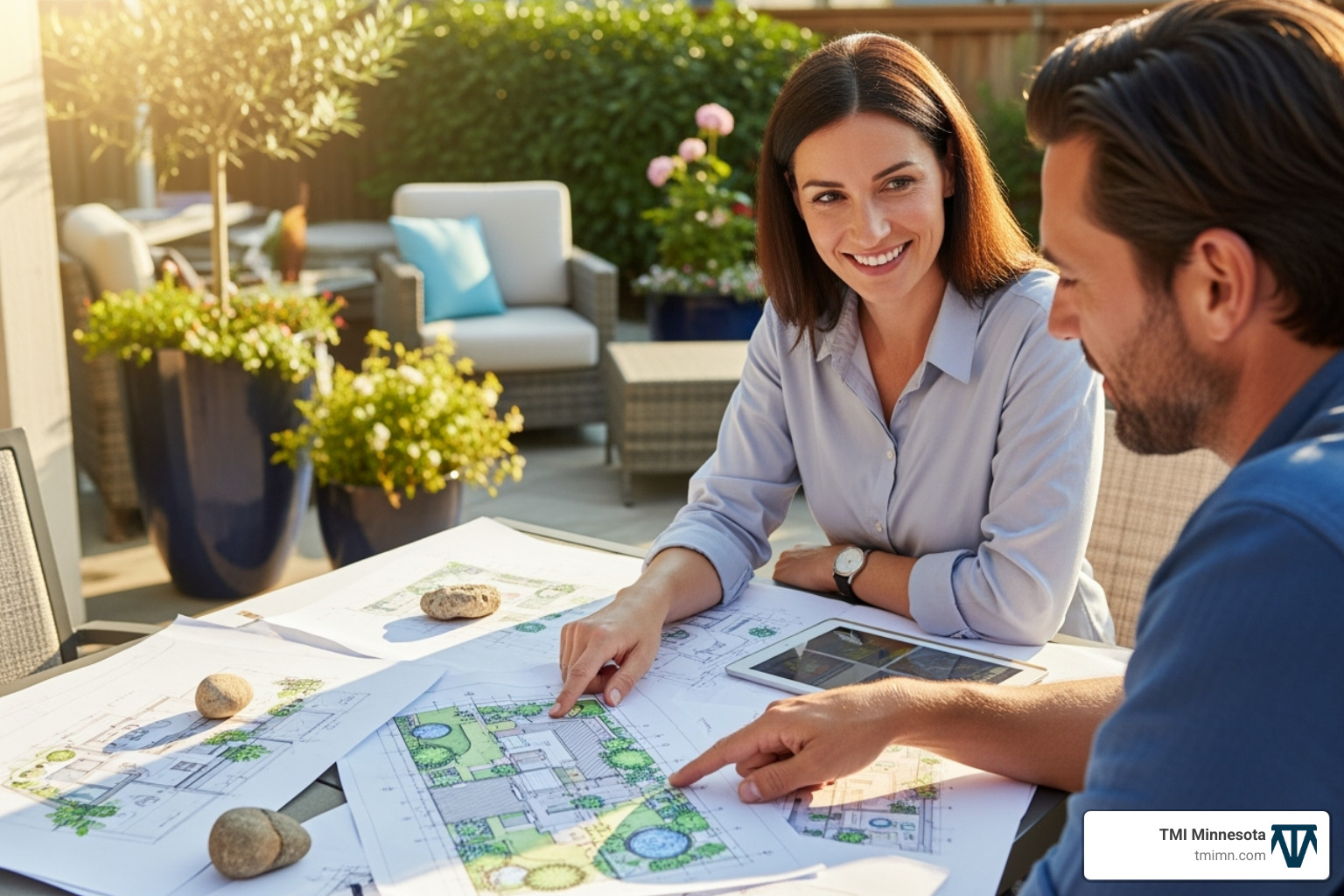 landscape designer consulting with a homeowner over design plans - Custom outdoor spaces