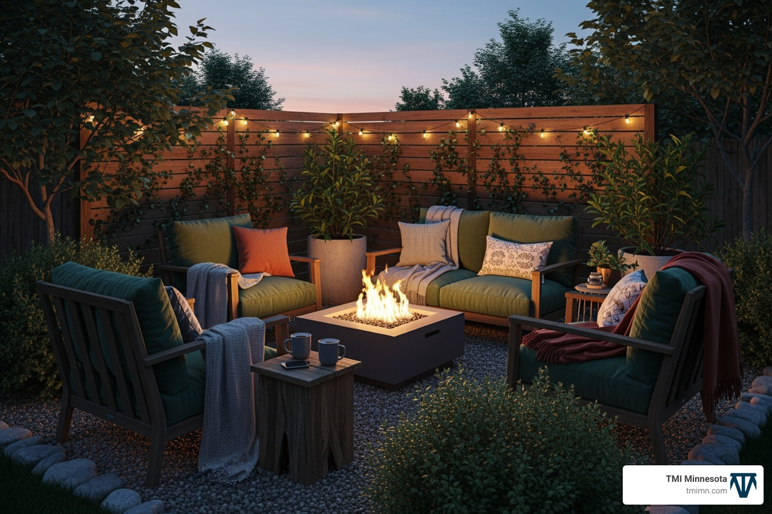 cozy, private backyard nook with a fire pit and comfortable seating - Custom outdoor spaces