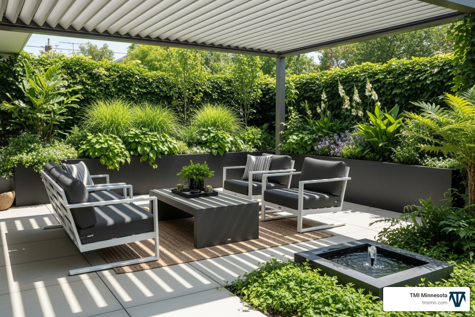 A lush patio with a modern pergola providing ample shade, surrounded by vibrant green plants and a calming small water feature. - Patio cooling solutions