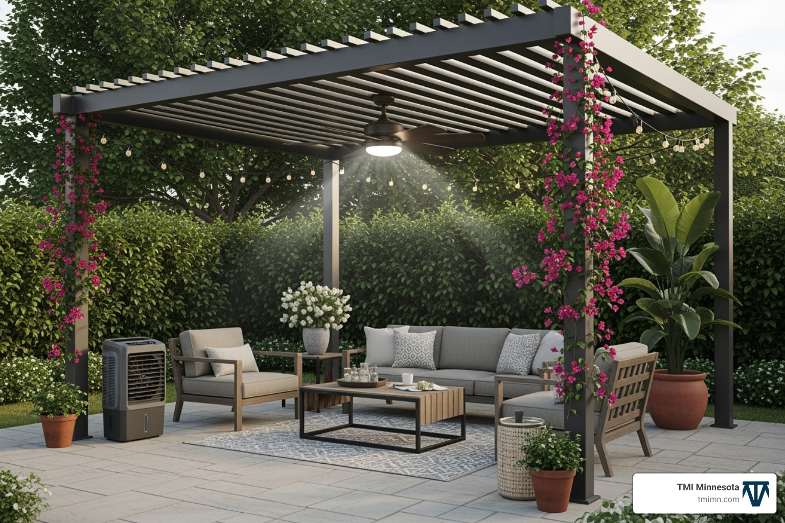 An inviting outdoor living space featuring a stylish ceiling fan mounted under a pergola, paired with a sleek portable evaporative cooler discreetly placed in the corner, both working to create a cool and comfortable environment. - Patio cooling solutions