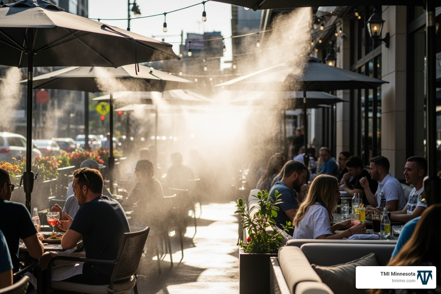 A busy restaurant patio where a high-pressure misting system creates a fine, almost invisible mist, enveloping the outdoor seating area in a cool, inviting atmosphere, making it comfortable for diners even on a warm day. - Patio cooling solutions