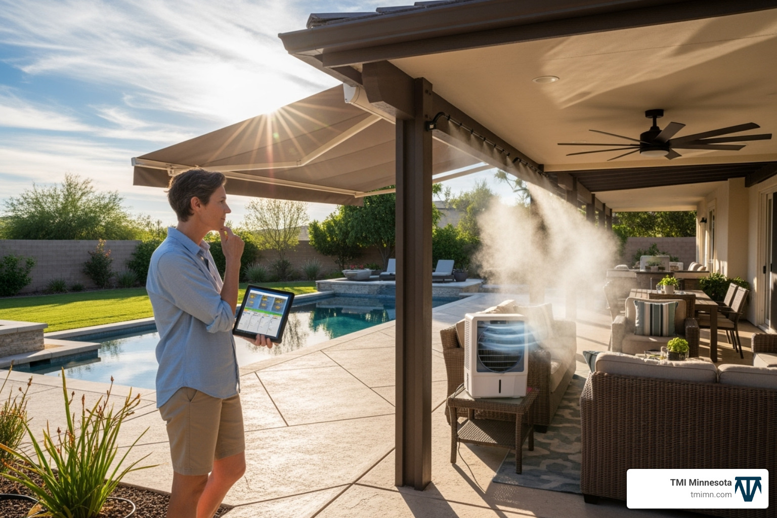 A homeowner stands on their spacious patio, thoughtfully gazing at the various elements of their outdoor space while contemplating the best cooling options. - Patio cooling solutions