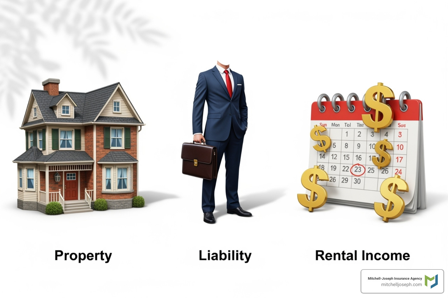 Image illustrating the three pillars: a house, a person with a briefcase (liability), and a calendar with dollar signs (rental income) - rental owner insurance