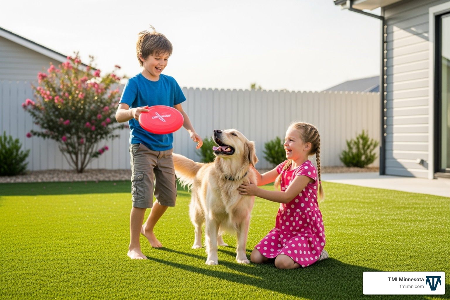 children and a dog playing safely on artificial turf - artificial grass benefits