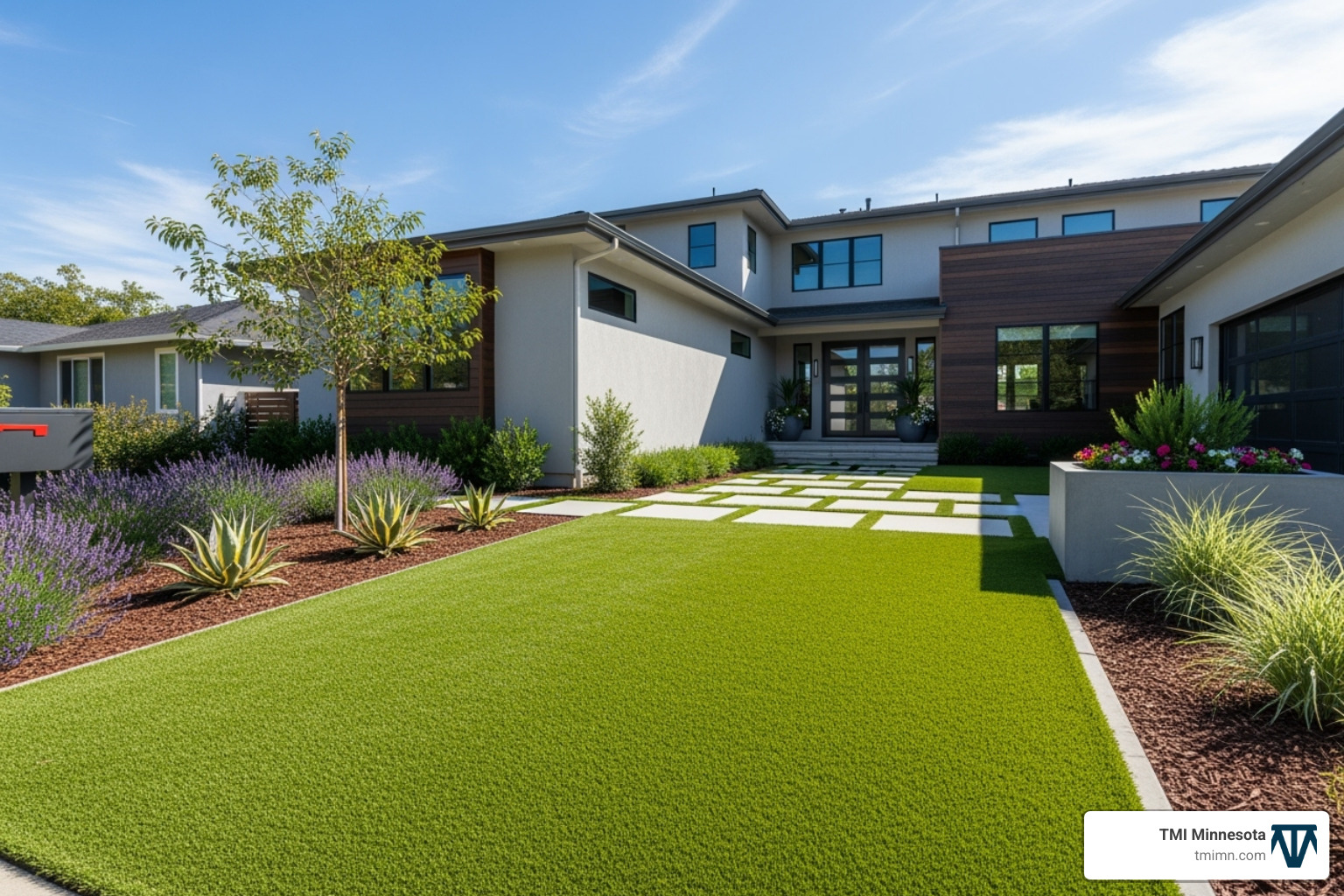 beautiful front yard with artificial turf, enhancing curb appeal - artificial grass benefits