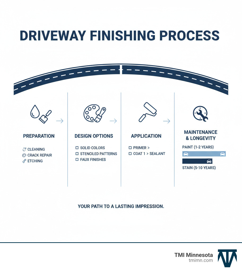 Infographic showing the complete process of concrete driveway finishing, including preparation steps (cleaning, crack repair, etching), design options (solid colors, stenciled patterns, faux finishes), application methods, and maintenance requirements with timeline comparisons between paint and stain durability - concrete driveway paint designs infographic 