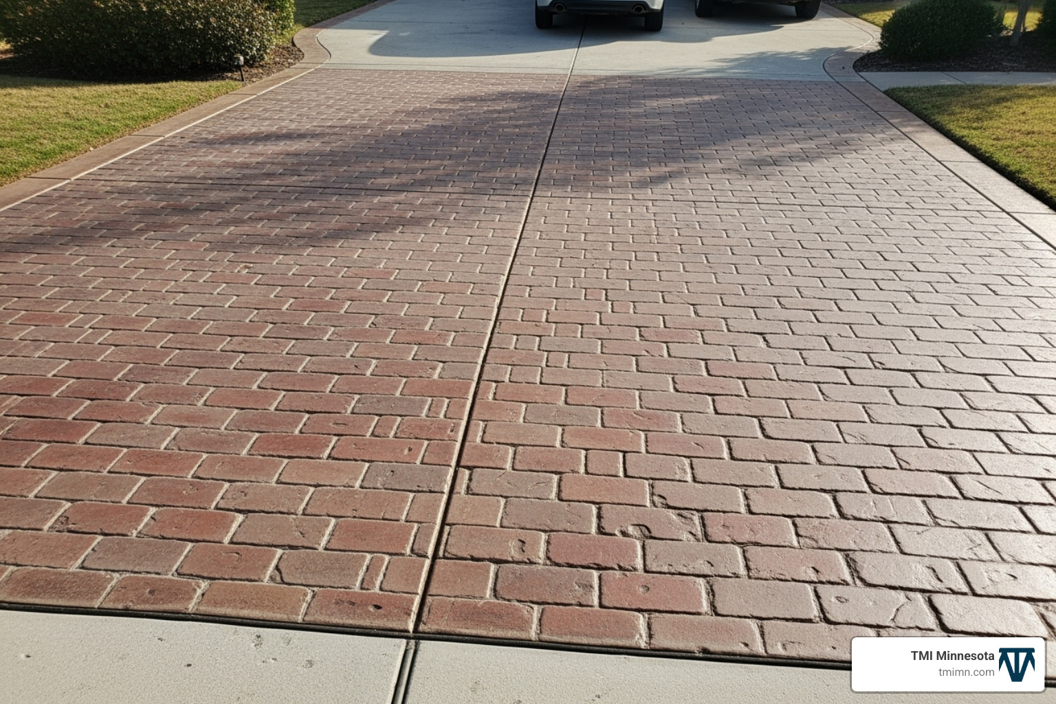 a driveway with a faux-brick pattern created using stencils and concrete stain. - concrete driveway paint designs