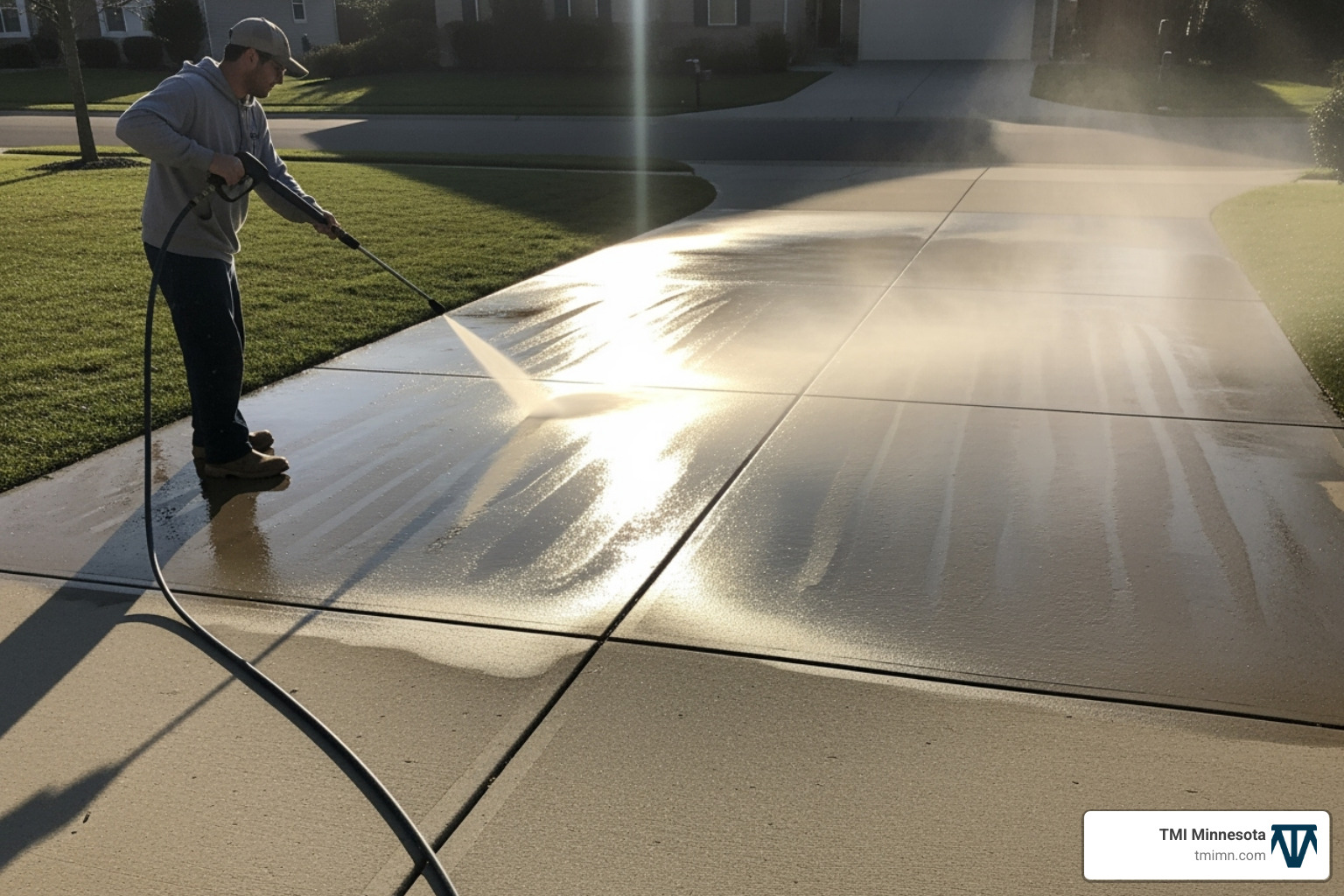 a person pressure washing a concrete driveway before painting. - concrete driveway paint designs
