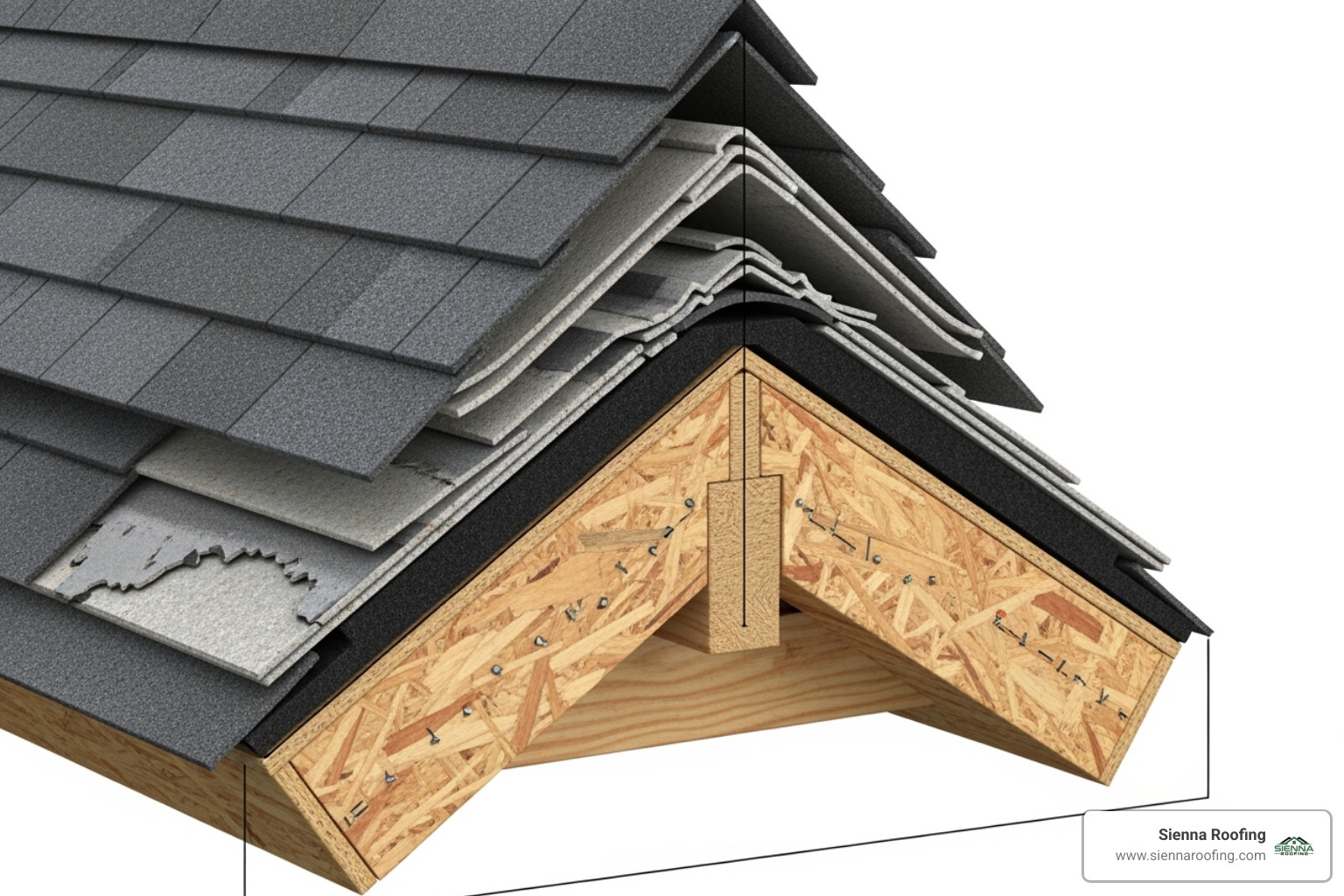 cross-section of a roof with two layers of shingles, indicating the need for a tear-off - roof tear off cost