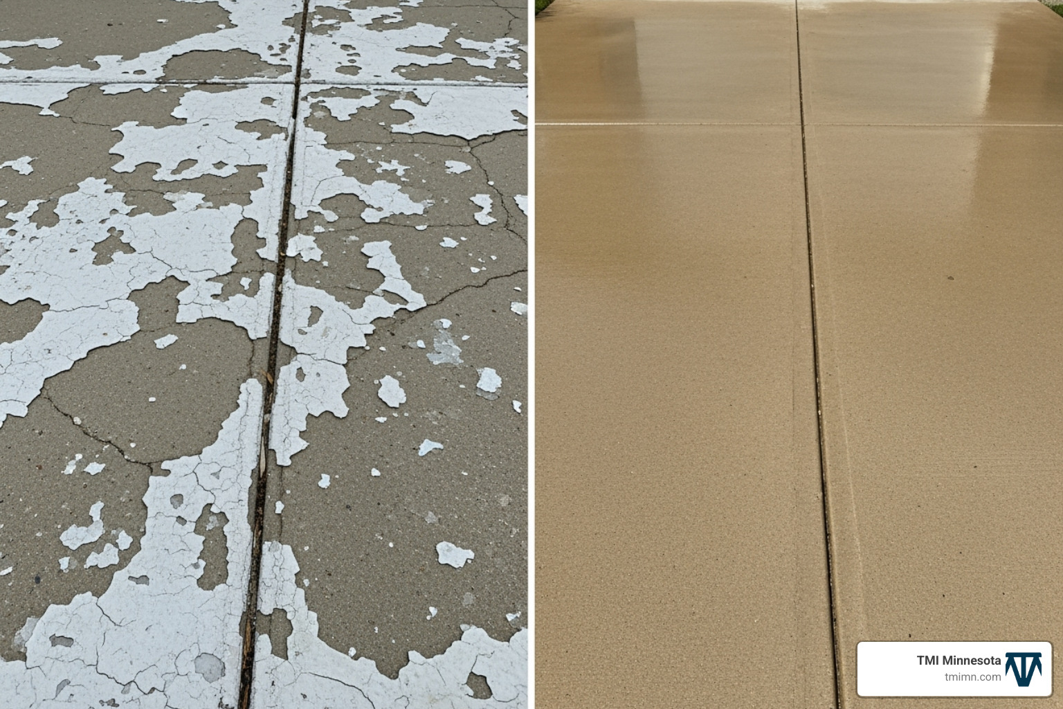 comparing a peeling painted driveway to a durable stained driveway. - concrete driveway paint designs